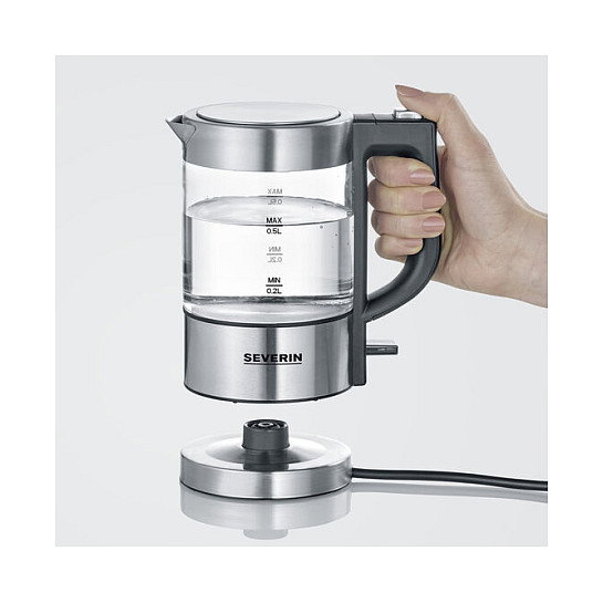 Severin WK 3472 Hervidor de Agua de Vidrio, 0.5 Litros, 1100 W, Acero Inoxidable y Cristal, Apagado Automático, Base Giratoria 360°, Color Plata