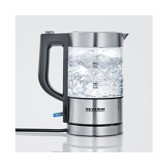 Severin WK 3472 Hervidor de Agua de Vidrio, 0.5 Litros, 1100 W, Acero Inoxidable y Cristal, Apagado Automático, Base Giratoria 360°, Color Plata