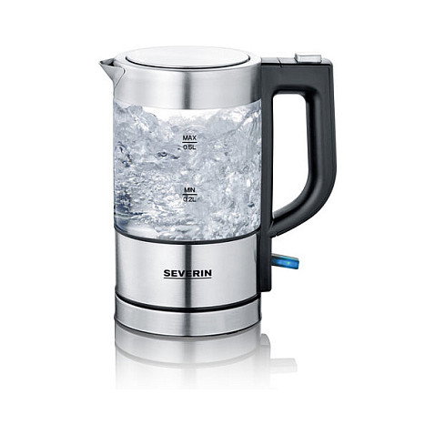 Severin WK 3472 Hervidor de Agua de Vidrio, 0.5 Litros, 1100 W, Acero Inoxidable y Cristal, Apagado Automático, Base Giratoria 360°, Color Plata