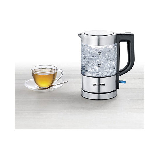 Severin WK 3472 Hervidor de Agua de Vidrio, 0.5 Litros, 1100 W, Acero Inoxidable y Cristal, Apagado Automático, Base Giratoria 360°, Color Plata