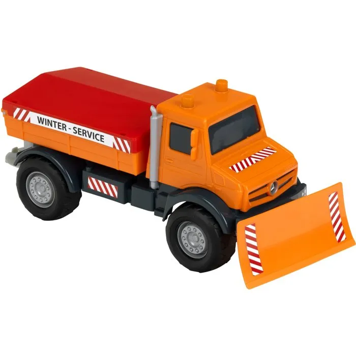 Klein Camión Quitanieves de Sal Mercedes Unimog 3801 - Ruedas Blandas, Plataforma Basculante, Escala 1:24 - Juguete para +3 años
