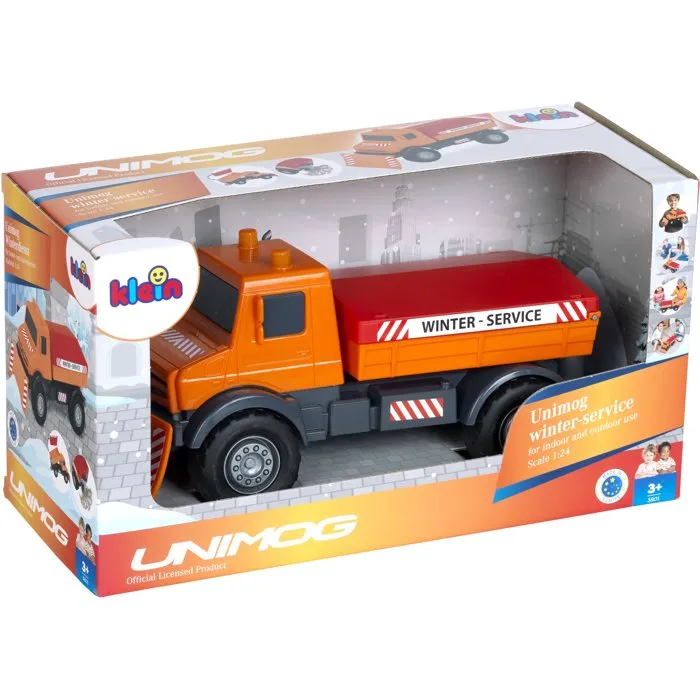 Klein Camión Quitanieves de Sal Mercedes Unimog 3801 - Ruedas Blandas, Plataforma Basculante, Escala 1:24 - Juguete para +3 años
