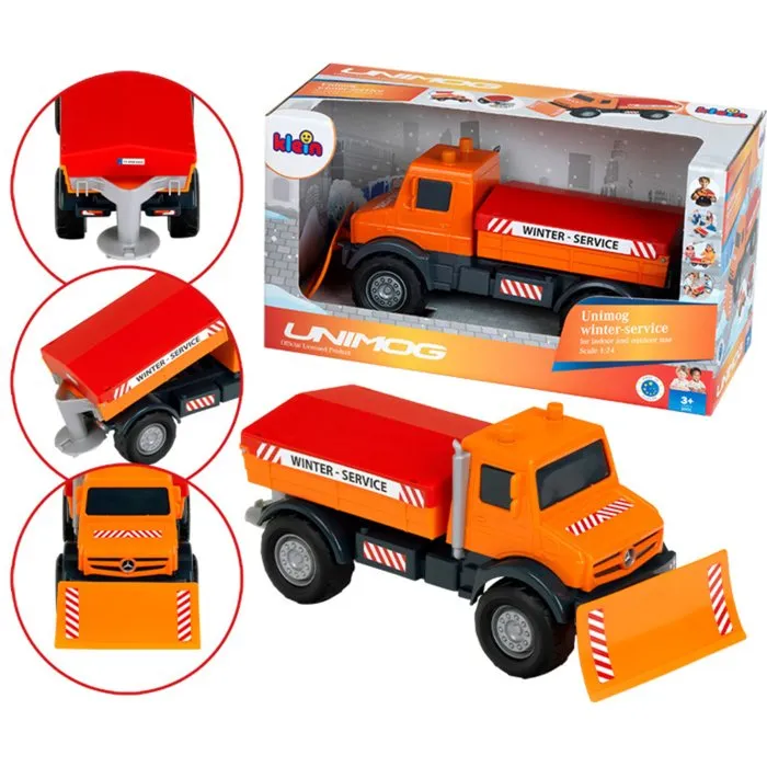 Klein Camión Quitanieves de Sal Mercedes Unimog 3801 - Ruedas Blandas, Plataforma Basculante, Escala 1:24 - Juguete para +3 años
