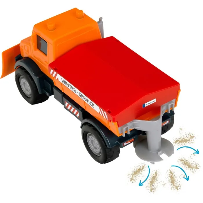 Klein Camión Quitanieves de Sal Mercedes Unimog 3801 - Ruedas Blandas, Plataforma Basculante, Escala 1:24 - Juguete para +3 años