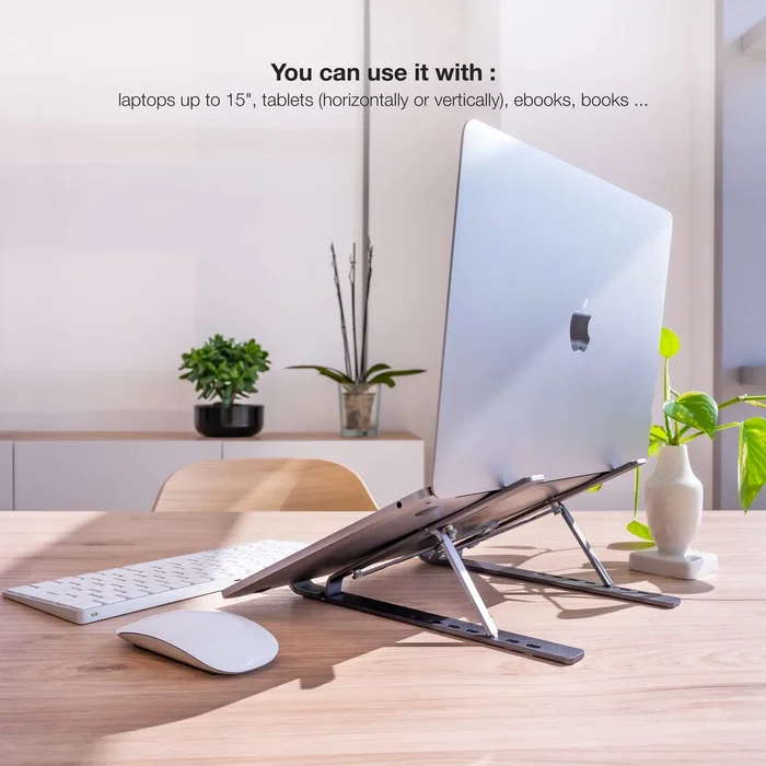TooQ TQLRS0033-AL-G Soporte Elevador Plegable para Portátil y Tablet de Aluminio Gris, Altura Ajustable (70-145 mm), Compatible 11"-15", 5 kg Máx