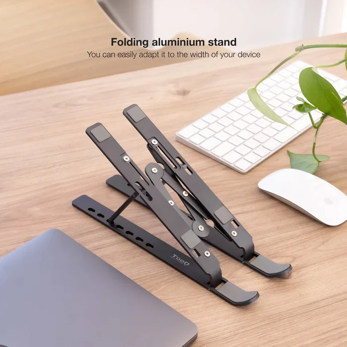 TooQ TQLRS0033-AL-G Soporte Elevador Plegable para Portátil y Tablet de Aluminio Gris, Altura Ajustable (70-145 mm), Compatible 11"-15", 5 kg Máx