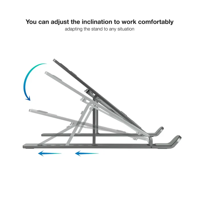 TooQ TQLRS0033-AL-G Soporte Elevador Plegable para Portátil y Tablet de Aluminio Gris, Altura Ajustable (70-145 mm), Compatible 11"-15", 5 kg Máx