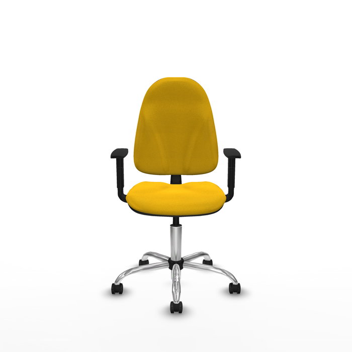 Silla de oficina Algarra con mecanismo Contacto permanente básico tapizada con Tela color Amarillo. Equipada con Base cromada, Brazos 1D y Ruedas de parqué