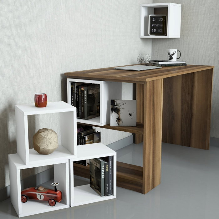 Hanah Home Mesa de Estudio, Nogal y Blanco, 120cm Ancho x 75cm Alto x 65cm Profundidad, con Estante de Pared. Hanah Home Mesa de Estudio, Nogal y Blanco, 120cm Ancho x 75cm Alto x 65cm Profundidad, con Estante de Pared.