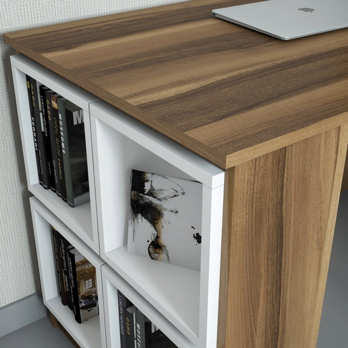 Hanah Home Mesa de Estudio, Nogal y Blanco, 120cm Ancho x 75cm Alto x 65cm Profundidad, con Estante de Pared. Hanah Home Mesa de Estudio, Nogal y Blanco, 120cm Ancho x 75cm Alto x 65cm Profundidad, con Estante de Pared.