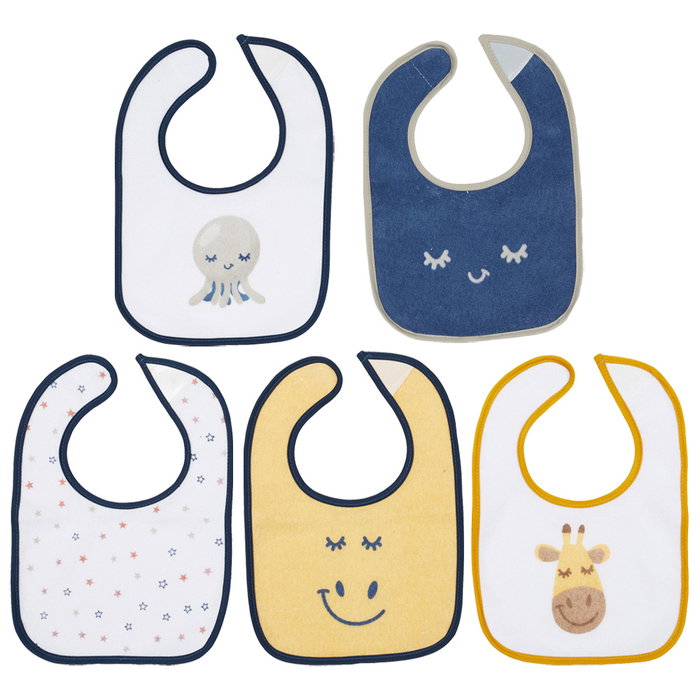 Tom et Zoe Juego de 5 Baberos Surtidos con Cierre de Velcro y Dorso PEVA Antiman chas (29.5x21 cm)