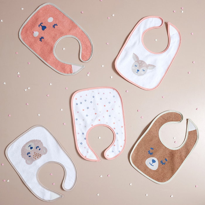 Tom et Zoe Juego de 5 Baberos Surtidos con Cierre de Velcro y Dorso PEVA Antiman chas (29.5x21 cm)