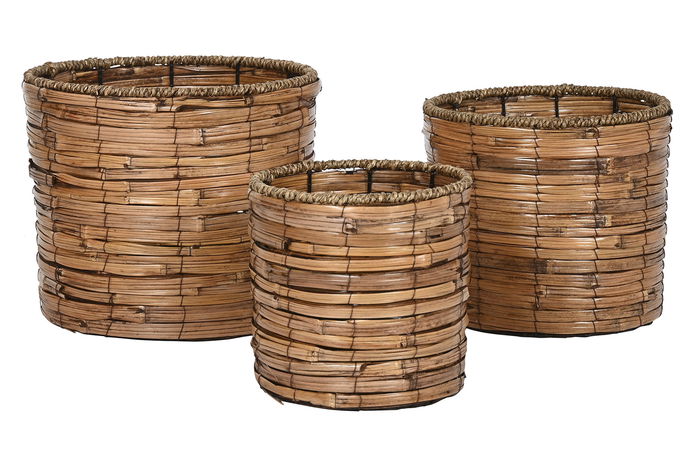 DKD Home Decor Macetero Tropical Marron Ratan y Metal Set de 3 Piezas 31 x 31 x 27 cm