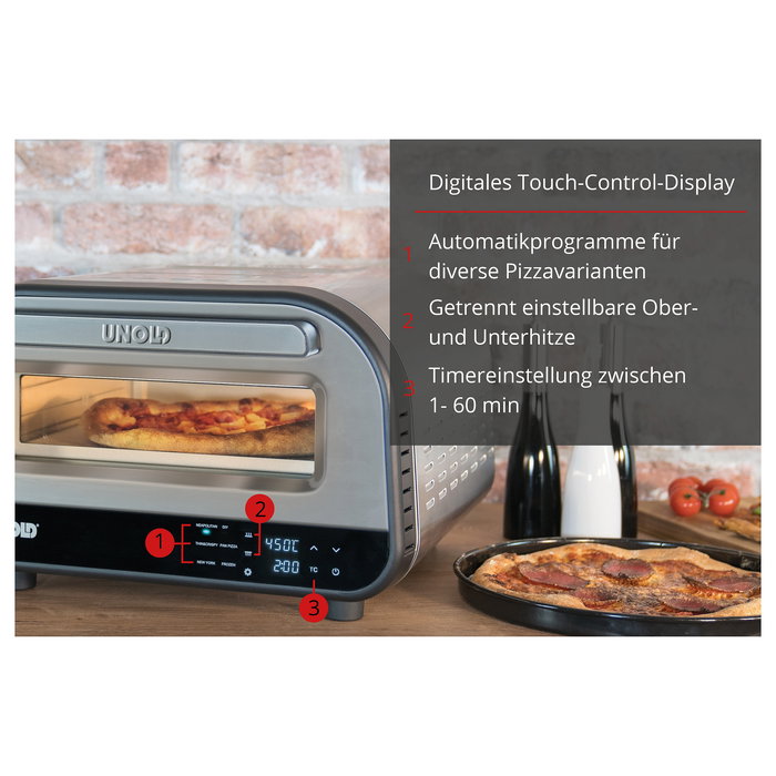UNOLD 68816 LUIGI Horno de Pizzas Eléctrico Digital, 1700W, Hasta 30 cm, 450 °C, Acero Inoxidable Plateado