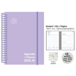 Agenda Escolar (2025-26) Senfort Student Unicolor Espiral Tapa Pp Con Goma 120X170 D/P Pastel Lila