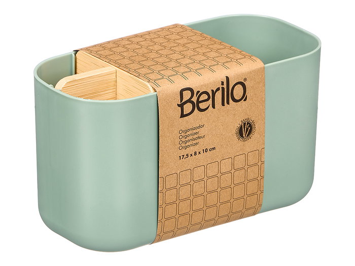 BERILO Organizador de Baño o Cocina Plástico con Bambú, Verde Blanco, 5 Huecos/Compartimentos, Dimensiones 17.5x10x8.5 cm (Set de 24)