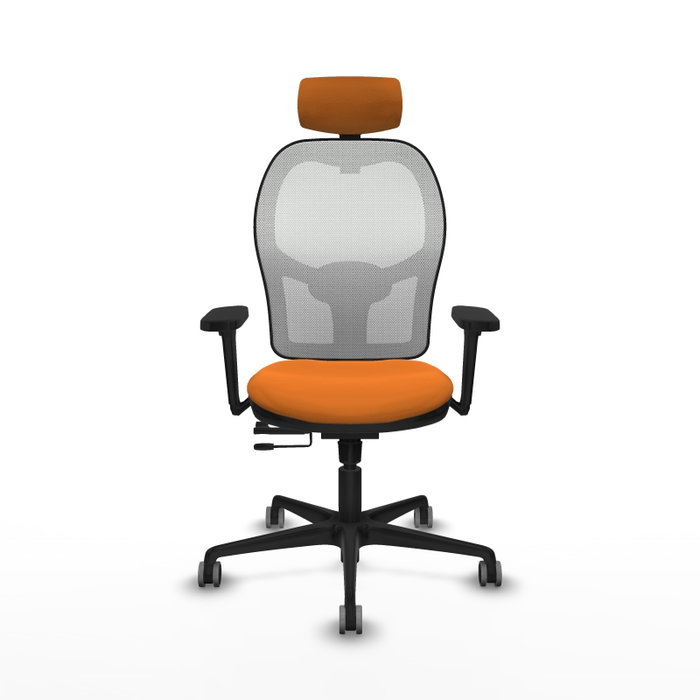Silla de oficina Jorquera con mecanismo Sincro/Traslack tapizada con Similpiel color Naranja y malla color Blanco. Equipada con lumbar 1D, Brazos 3D, Cabecero 2D y Ruedas 65 mm parqué