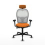 Silla de oficina Jorquera con mecanismo Sincro/Traslack tapizada con Similpiel color Naranja y malla color Blanco. Equipada con lumbar 1D, Brazos 3D, Cabecero 2D y Ruedas 65 mm parqué