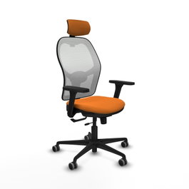 Silla de oficina Jorquera con mecanismo Sincro/Traslack tapizada con Similpiel color Naranja y malla color Blanco. Equipada con lumbar 1D, Brazos 3D, Cabecero 2D y Ruedas 65 mm parqué
