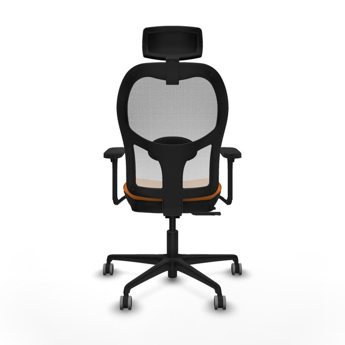 Silla de oficina Jorquera con mecanismo Sincro/Traslack tapizada con Similpiel color Naranja y malla color Blanco. Equipada con lumbar 1D, Brazos 3D, Cabecero 2D y Ruedas 65 mm parqué