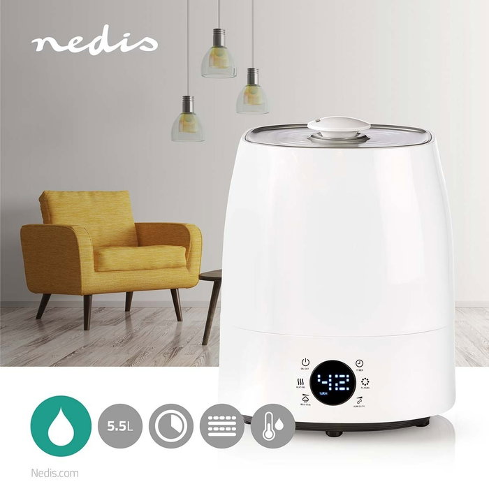 Nedis HUMI120CWT Humidificador ultrasónico de pie, 50 m², 5,5L, Blanco
