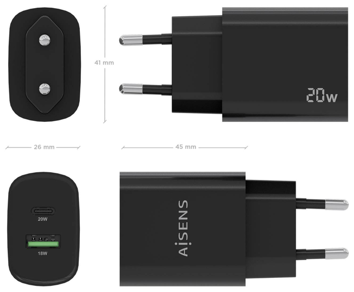 Aisens Cargador de Pared 20W con USB-C PD3.0 y USB-A QC3.0 Negro A110-0755 Aisens Cargador de Pared 20W con USB-C PD3.0 y USB-A QC3.0 Negro A110-0755