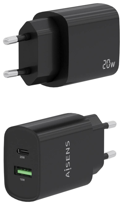 Aisens Cargador de Pared 20W con USB-C PD3.0 y USB-A QC3.0 Negro A110-0755 Aisens Cargador de Pared 20W con USB-C PD3.0 y USB-A QC3.0 Negro A110-0755