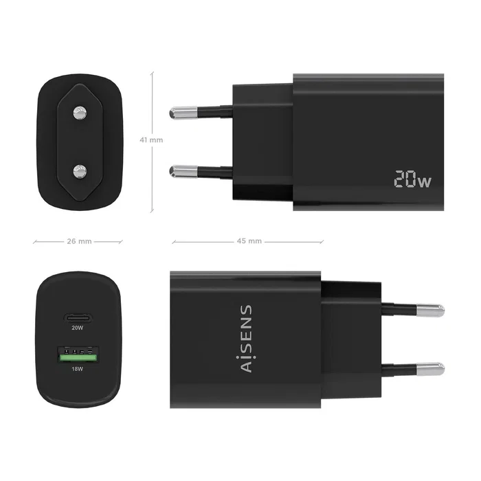 Aisens Cargador 20W con USB-C PD3.0 y USB-A QC3.0 Negro A110-0755 Aisens Cargador 20W con USB-C PD3.0 y USB-A QC3.0 Negro A110-0755