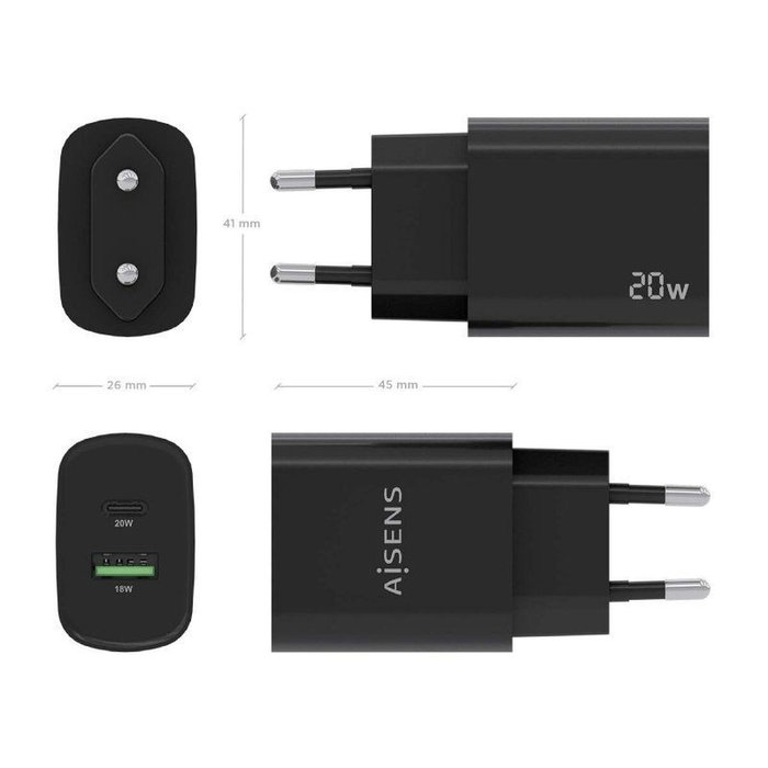 Aisens Cargador de Pared 20W con USB-C PD3.0 y USB-A QC3.0 Negro A110-0755 Aisens Cargador de Pared 20W con USB-C PD3.0 y USB-A QC3.0 Negro A110-0755