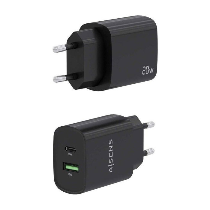 Aisens Cargador de Pared 20W con USB-C PD3.0 y USB-A QC3.0 Negro A110-0755 Aisens Cargador de Pared 20W con USB-C PD3.0 y USB-A QC3.0 Negro A110-0755