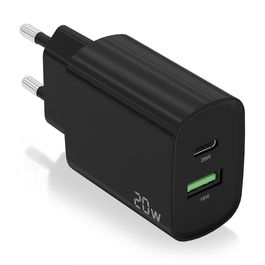 AISENS - CARGADOR 20W, 1xUSB-C PD3.0, 1xUSB-A QC3.0, NEGRO