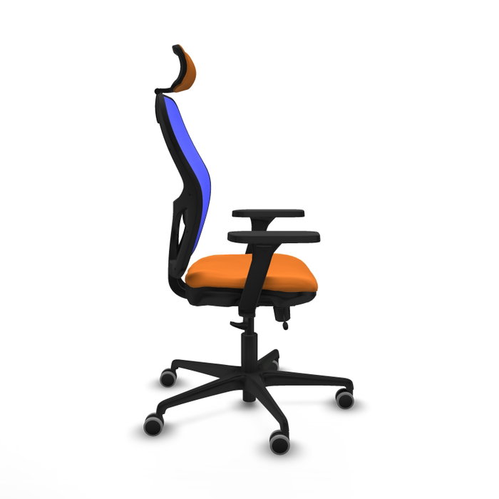 Silla de oficina Jorquera con mecanismo Sincro/Traslack tapizada con Similpiel color Naranja y malla color Azul. Equipada con lumbar 1D, Brazos 3D, Cabecero 2D y Ruedas 65 mm parqué Silla de oficina Jorquera con mecanismo Sincro/Traslack tapizada con Similpiel color Naranja y malla color Azul. Equipada con lumbar 1D, Brazos 3D, Cabecero 2D y Ruedas 65 mm parqué