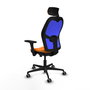 Silla de oficina Jorquera con mecanismo Sincro/Traslack tapizada con Similpiel color Naranja y malla color Azul. Equipada con lumbar 1D, Brazos 3D, Cabecero 2D y Ruedas 65 mm parqué