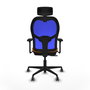 Silla de oficina Jorquera con mecanismo Sincro/Traslack tapizada con Similpiel color Naranja y malla color Azul. Equipada con lumbar 1D, Brazos 3D, Cabecero 2D y Ruedas 65 mm parqué