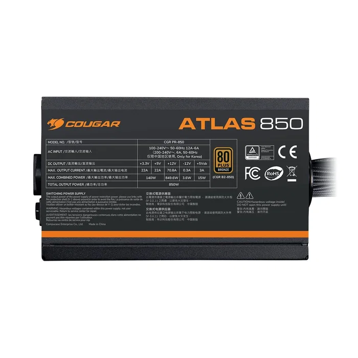 Cougar CGRVG-750 Fuente de Alimentación ATX 750W 80 PLUS Bronze - Fuente de Poder PC ATX 3.1 No Modular con Conector PCIe 12+4 pines y Ventilador de 12 cm - Color Negro
