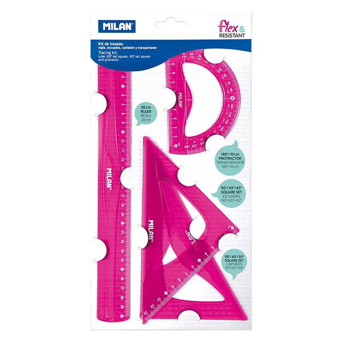 Milan Kit de Reglas Flex&Resistant, 4 Piezas, Rosa Translúcido Milan Kit de Reglas Flex&Resistant, 4 Piezas, Rosa Translúcido