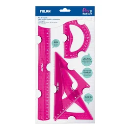 Milan Flex&Resistant Kit de 4 Reglas de Dibujo: Regla 30 cm, Escuadra, Cartabón y Transportador 180°, Rosa Translúcido