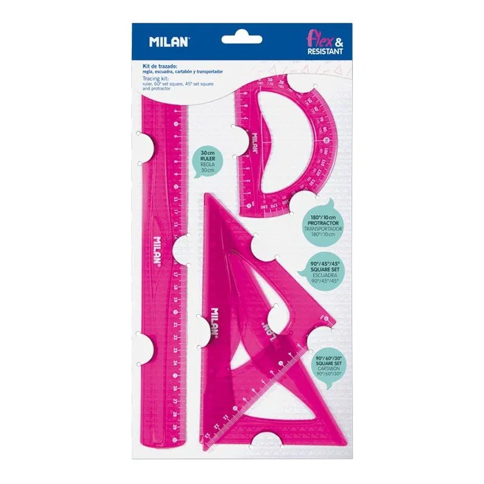 Milan Kit de Reglas Flex&Resistant, 4 Piezas, Rosa Translúcido Milan Kit de Reglas Flex&Resistant, 4 Piezas, Rosa Translúcido