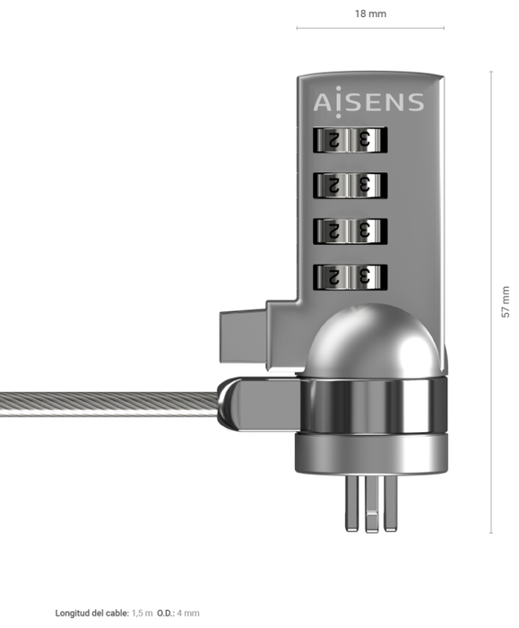 Aisens Cable de Seguridad con Cerradura de Combinación ASLK-D40N01-SL 1.5m Plata