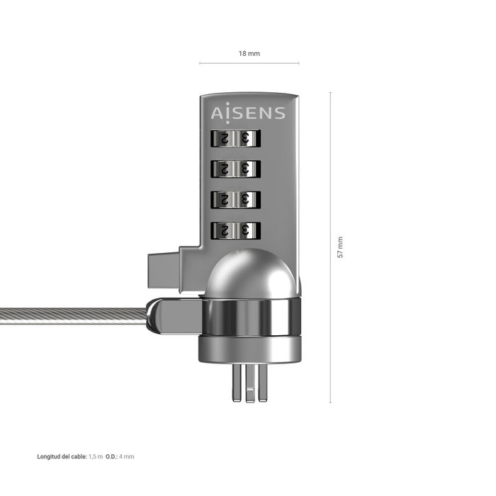 Aisens Cable de Seguridad con Cerradura de Combinación ASLK-D40N01-SL 1.5m Plata