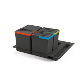 Emuca Kit de contenedores de reciclaje para cajón de cocina con base Recycle altura 216mm, 1x12litros, 2x6litros, módulo 600mm, Plástico gris antracita