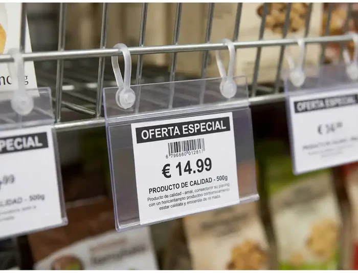 Q-Connect Soporte Portaprecios con Clip para Cesta Metálica, 2 Agujeros, Etiqueta 40x85 mm