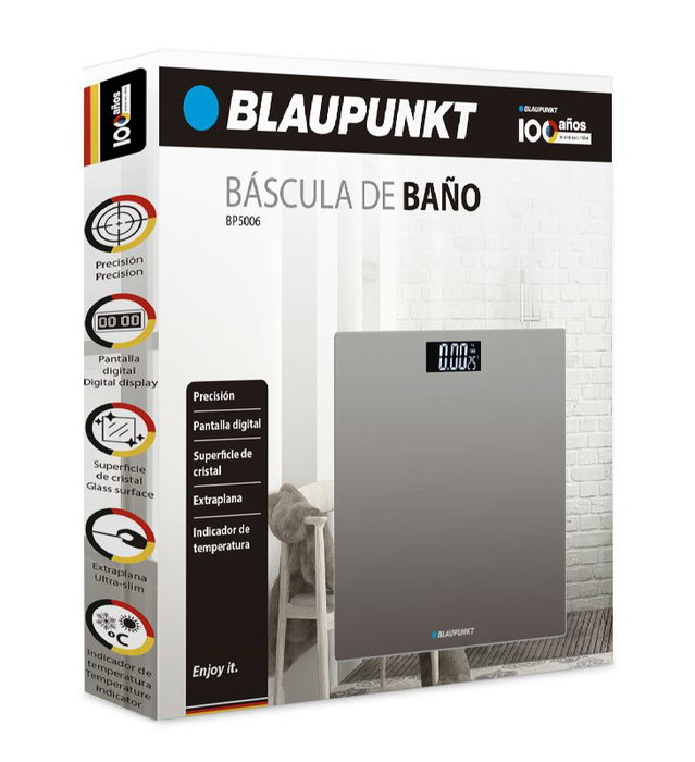BLAUPUNKT Báscula de Baño Digital con Indicador de Temperatura y Superficie de Cristal Extraplano