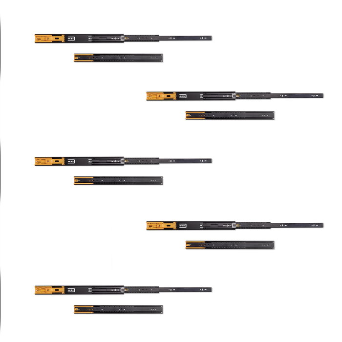 Emuca Lote de 5 juegos de guías para cajones, de bolas, altura 45mm, profundidad 450mm, extracción total, cierre suave, Negro Emuca Lote de 5 juegos de guías para cajones, de bolas, altura 45mm, profundidad 450mm, extracción total, cierre suave, Negro