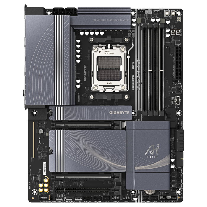 Gigabyte B850 AI TOP Placa Base, Socket AM5, DDR5 8600MHz OC, ATX, Wi-Fi 7, 10GbE LAN, Procesadores AMD Ryzen Serie 7000/8000/9000