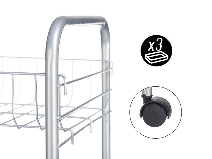 Kinvara Verdulero de 3 Pisos con Ruedas, Metálico, Dimensiones 26.5 x 56 x 8.5 cm, Color Plata, Material Metal y PP (Set de 4)