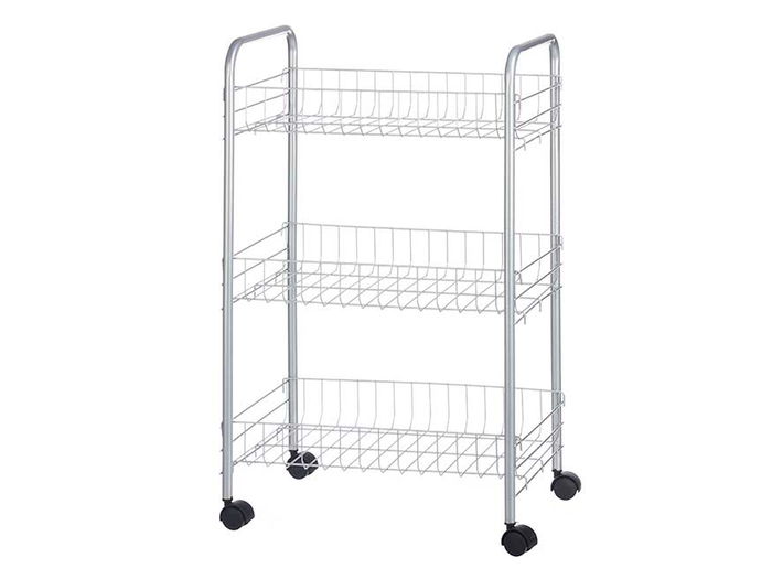 Kinvara Verdulero de 3 Pisos con Ruedas, Metálico, Dimensiones 26.5 x 56 x 8.5 cm, Color Plata, Material Metal y PP (Set de 4)