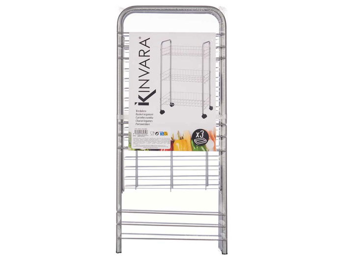 Kinvara Verdulero de 3 Pisos con Ruedas, Metálico, Dimensiones 26.5 x 56 x 8.5 cm, Color Plata, Material Metal y PP (Set de 4)