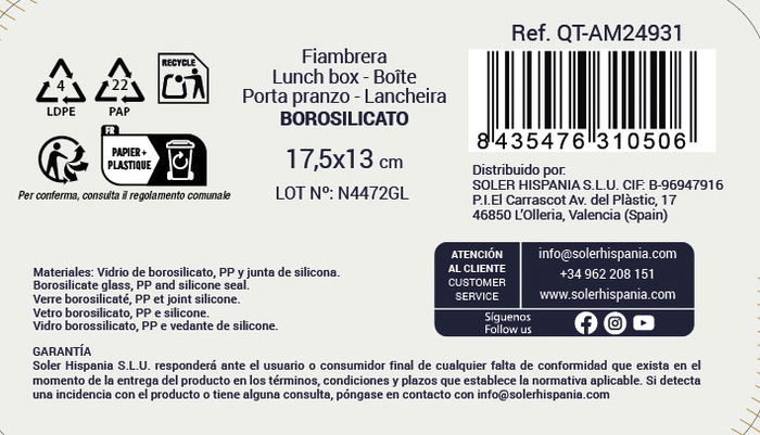 Ambare Fiambrera Rectangular Hermética 600cc 17.5 x 13 cm (6 Unidades)