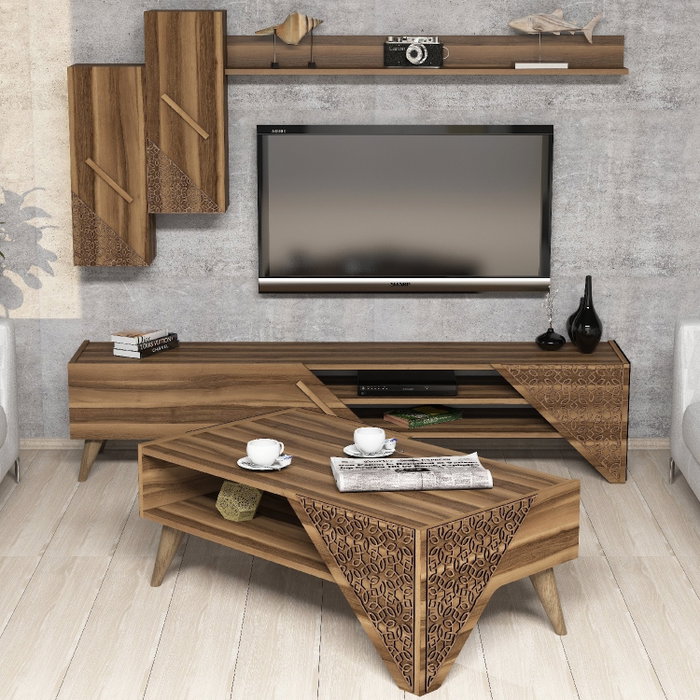 Hanah Home Juego de Muebles para Sala de Estar Nogal - Unidad TV, Mesa Café 2 Niveles, Estantería, Armario - Tablero Partículas Melamina 18mm